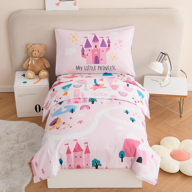 PERFEMET 4 Pieces Girls Toddler Bedding Set Pink Castle Fairy Tales Toddler Comforter Set Reversible Colorful Rainbow Princess Printed Toddler Bed Set with Sheets(Pink  Castle) - Image 1